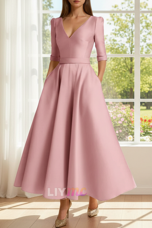 A-Line/Princess V-Neck Satin Mother of the Bride Dresses Half Sleeves Ankle-Length Formal Dresses