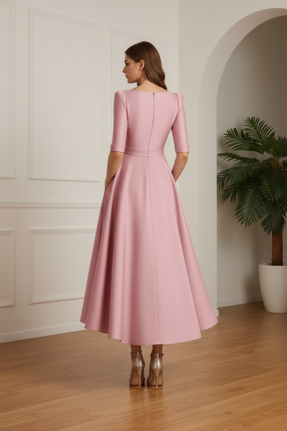 A-Line/Princess V-Neck Satin Mother of the Bride Dresses Half Sleeves Ankle-Length Formal Dresses