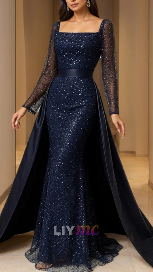 A-Line/Princess Square Collar Sequins Mother of the Bride Dresses Detachable Satin Long Sleeves Floor-Length