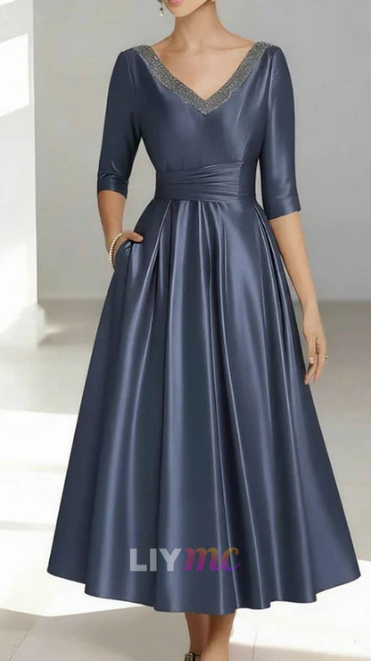 A-Line/Princess V-Neck Satin Mother of the Bride Dresses 3/4 Sleeves Ankle-Length Beading