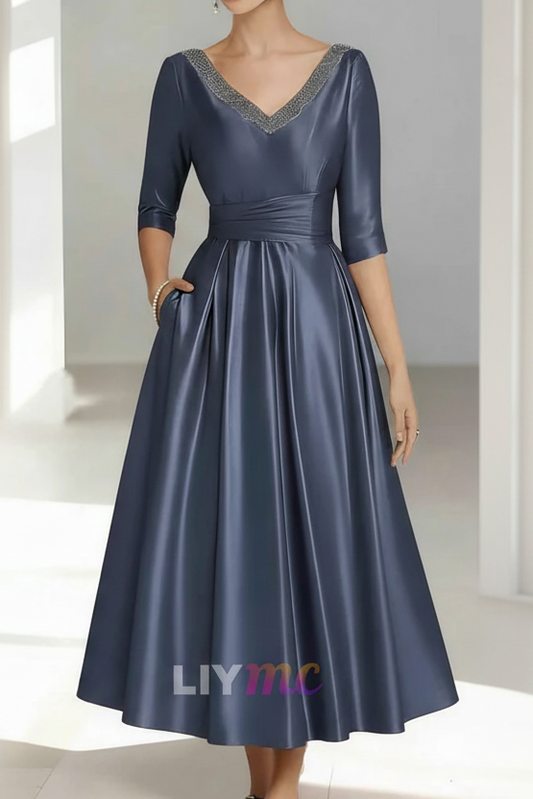 A-Line/Princess V-Neck Satin Mother of the Bride Dresses 3/4 Sleeves Ankle-Length Beading