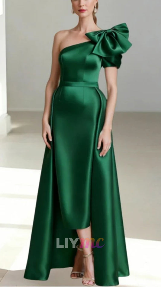 A-Line/Princess One-Shoulder Satin Mother of the Bride Dresses Sleeveless Tea-Length Bow