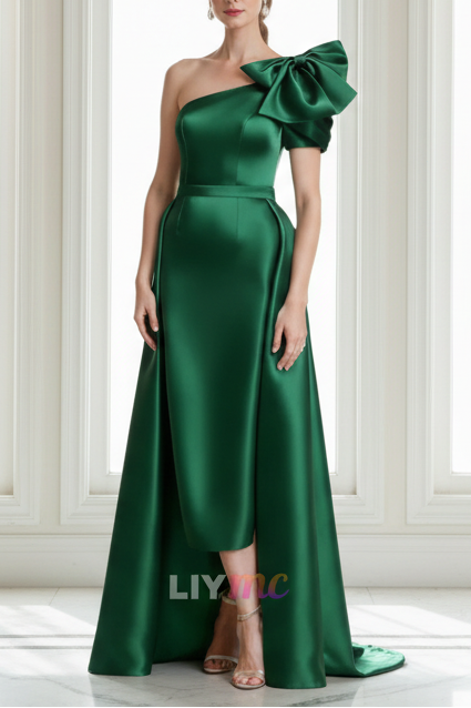 A-Line/Princess One-Shoulder Satin Mother of the Bride Dresses Sleeveless Tea-Length Bow