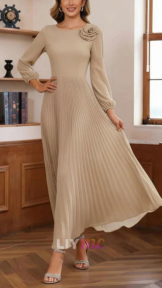 A-Line/Princess Scoop Chiffon Mother of the Bride Dresses Ankle-Length Pleated Long Sleeves Flower