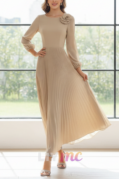 A-Line/Princess Scoop Chiffon Mother of the Bride Dresses Ankle-Length Pleated Long Sleeves Flower