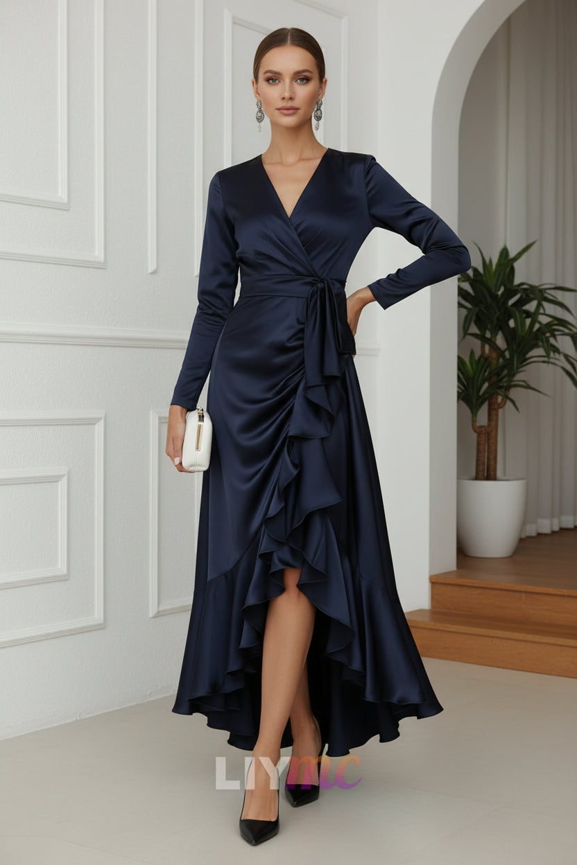 A-Line/Princess V-Neck Acetate Satin Mother of the Bride Dresses Long Sleeves Asymmetrical Ankle-Length with Ruffles