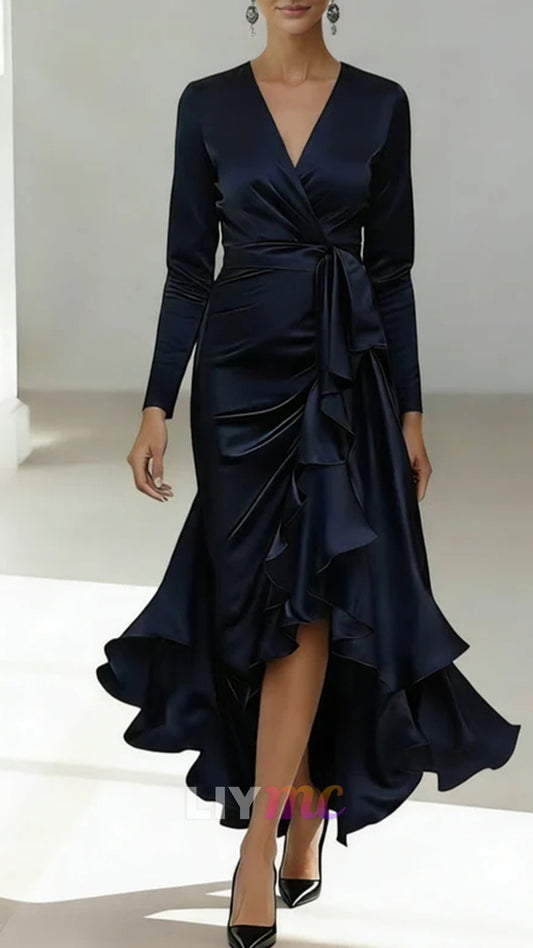 A-Line/Princess V-Neck Acetate Satin Mother of the Bride Dresses Long Sleeves Asymmetrical Ankle-Length with Ruffles