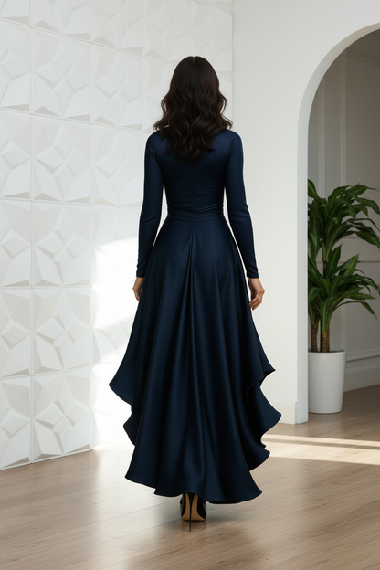 A-Line/Princess V-Neck Acetate Satin Mother of the Bride Dresses Long Sleeves Asymmetrical Ankle-Length with Ruffles