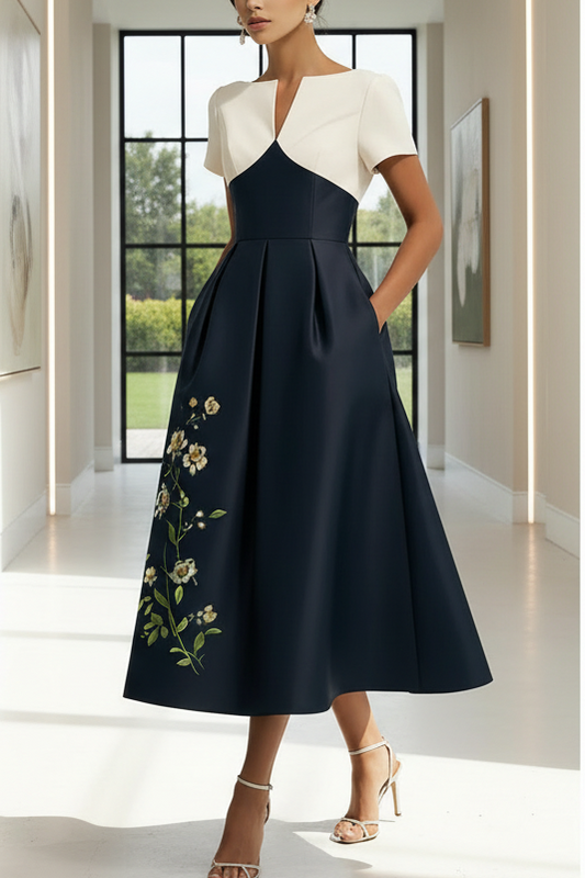 A-Line/Princess V-Neck Satin Mother of the Bride Dresses Short Sleeves Tea-Length Appliques