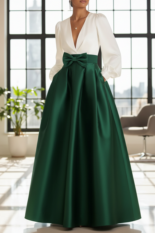 A-Line/Princess V-Neck Satin Mother of the Bride Dresses Long Sleeves Floor-Length with Belt