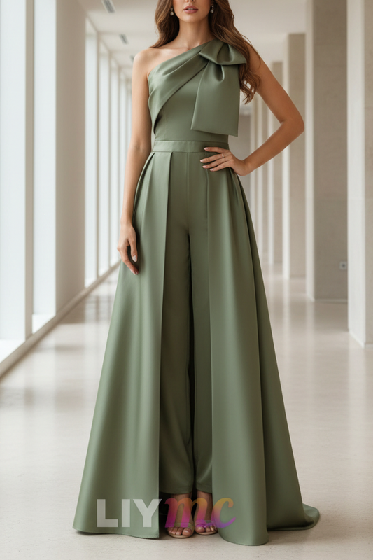 Jumpsuit/Pantsuit One-Shoulder Satin Mother Of The Bride Dresses with Detachable Overskirt Floor-Length Sleeveless Bow
