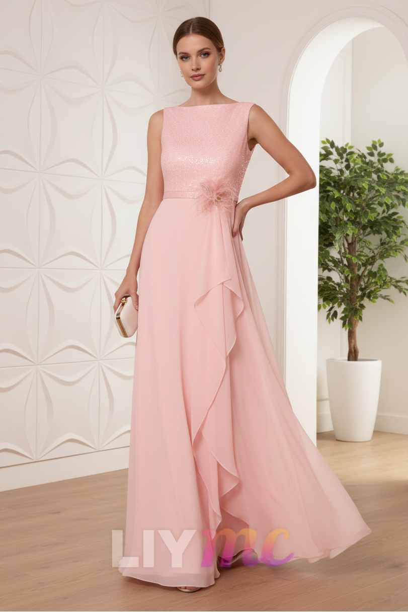 A-Line/Princess Cowl Neck Chiffon Mother of the Bride Dresses Sequins Floor-Length Sleeveless Ruffles