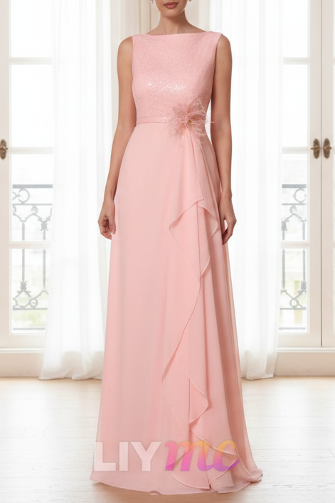 A-Line/Princess Cowl Neck Chiffon Mother of the Bride Dresses Sequins Floor-Length Sleeveless Ruffles