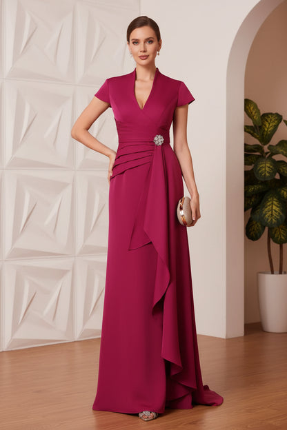 Trumpet/Mermaid V-Neck Stretch Satin Mother of the Bride Dresses Floor-Length Sweep Train Cap Sleeves Ruffles