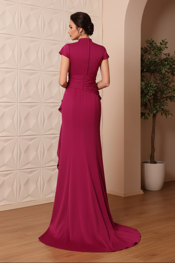 Trumpet/Mermaid V-Neck Stretch Satin Mother of the Bride Dresses Floor-Length Sweep Train Cap Sleeves Ruffles