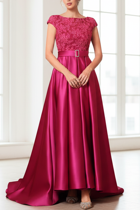 A-Line/Princess Scoop Satin Mother of the Bride Dresses Sleeveless Lace Floor-Length Belt Sweep Train