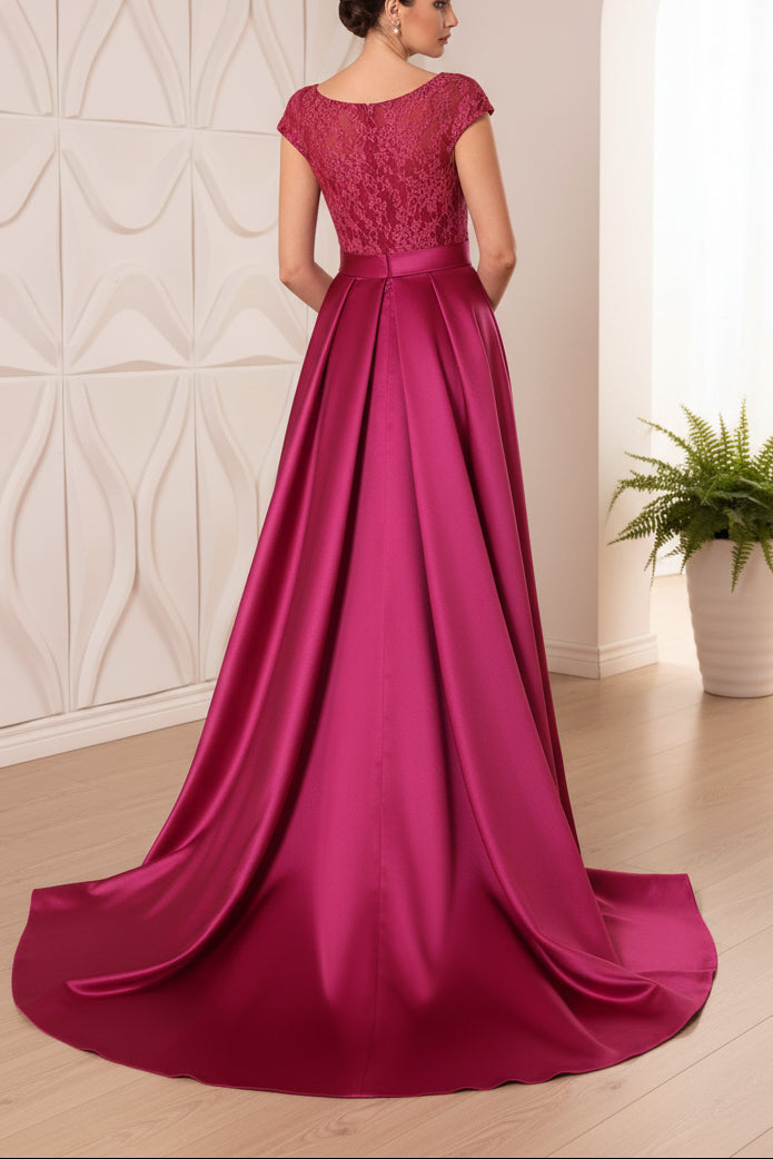 A-Line/Princess Scoop Satin Mother of the Bride Dresses Sleeveless Lace Floor-Length Belt Sweep Train