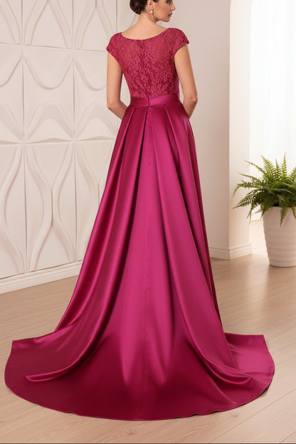 A-Line/Princess Scoop Satin Mother of the Bride Dresses Sleeveless Lace Floor-Length Belt Sweep Train