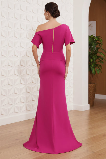 Trumpet/Mermaid One-Shoulder Stretch Satin Mother of the Bride Dresses Floor-Length Sweep Train Short Sleeves Split Side