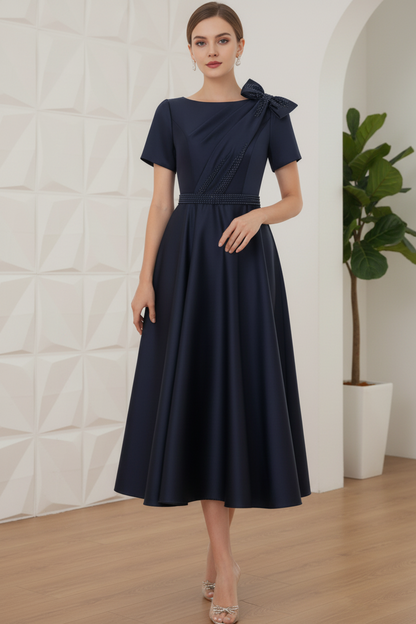 A-Line/Princess Scoop Satin Mother of the Bride Dresses Tea-Length Short Sleeves Beading Bowknot