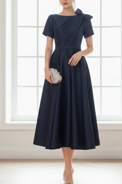 A-Line/Princess Scoop Satin Mother of the Bride Dresses Tea-Length Short Sleeves Beading Bowknot