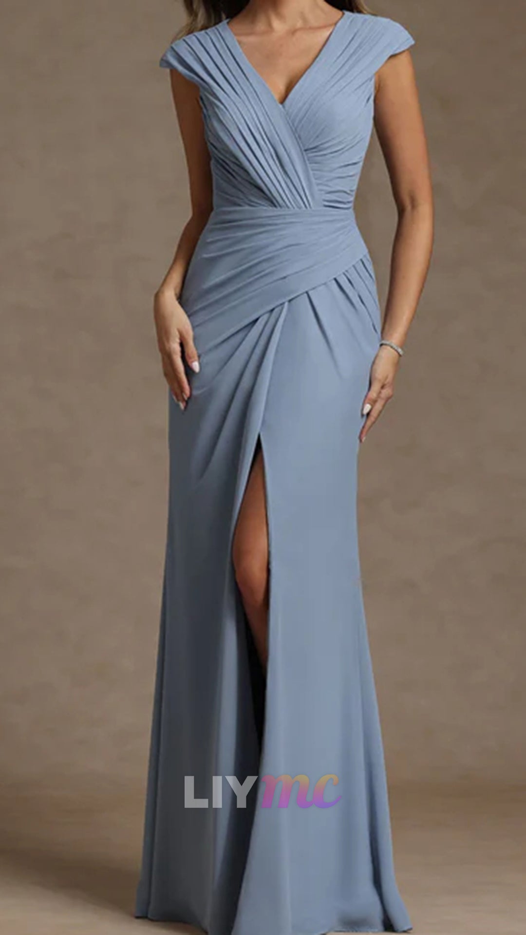 Sheath/Column V-Neck Chiffon Mother of the Bride Dresses with Spilt Side Floor-Length Ruched Sleeveless