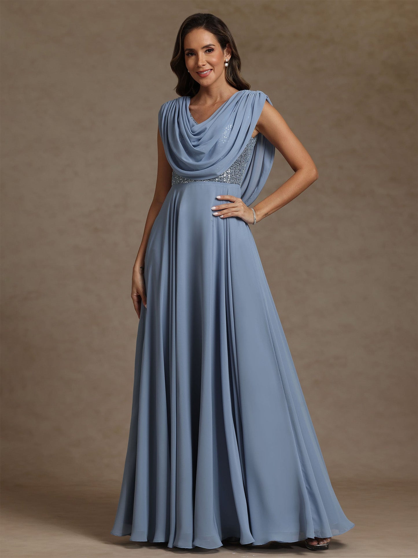 A-Line/Princess Cowl Neck Chiffon Mother of the Bride Dresses Floor-Length Sequins Sleeveless