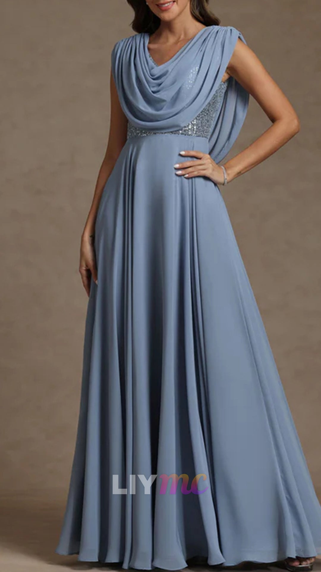 A-Line/Princess Cowl Neck Chiffon Mother of the Bride Dresses Floor-Length Sequins Sleeveless