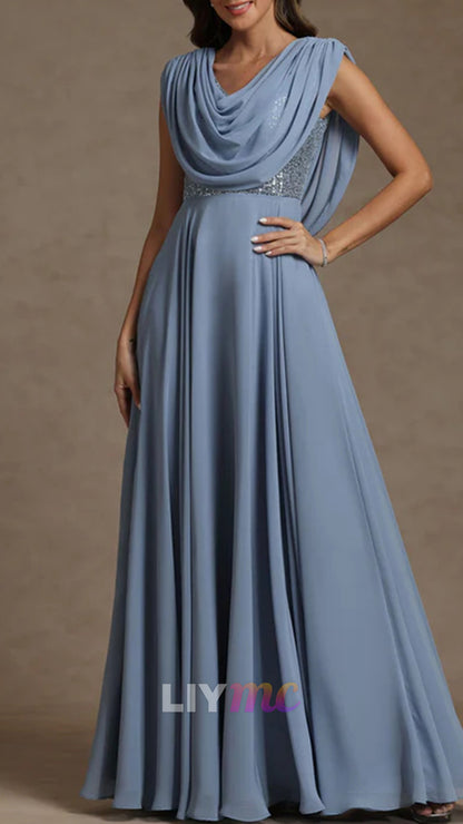 A-Line/Princess Cowl Neck Chiffon Mother of the Bride Dresses Floor-Length Sequins Sleeveless