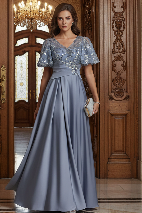 A-Line/Princess V-Neck Acetate Satin Mother of the Bride Dresses Sequins Floor-Length Short Sleeves Ruched