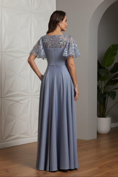 A-Line/Princess V-Neck Acetate Satin Mother of the Bride Dresses Sequins Floor-Length Short Sleeves Ruched