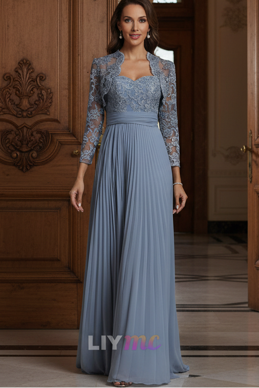 Sheath/Column Sweetheart Chiffon Mother of the Bride Dresses with Jacket Floor-Length Lace Pleated Long Sleeves