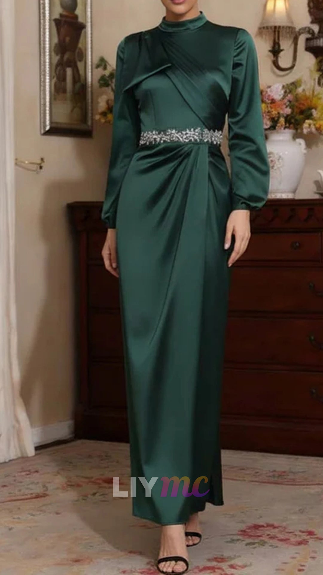 Sheath/Column High Neck Silk Satin Mother of the Bride Dresses Ankle-Length Belt Long Sleeves
