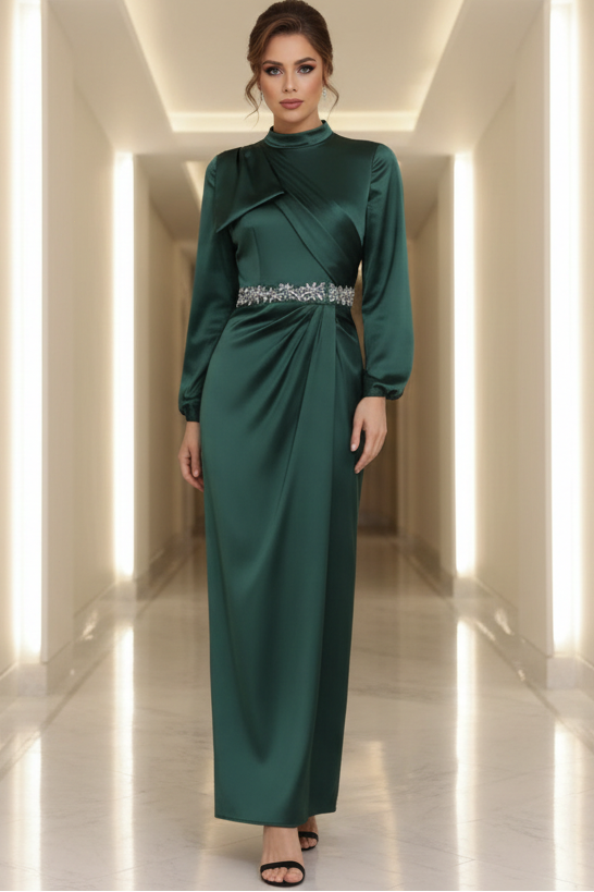 Sheath/Column High Neck Silk Satin Mother of the Bride Dresses Ankle-Length Belt Long Sleeves