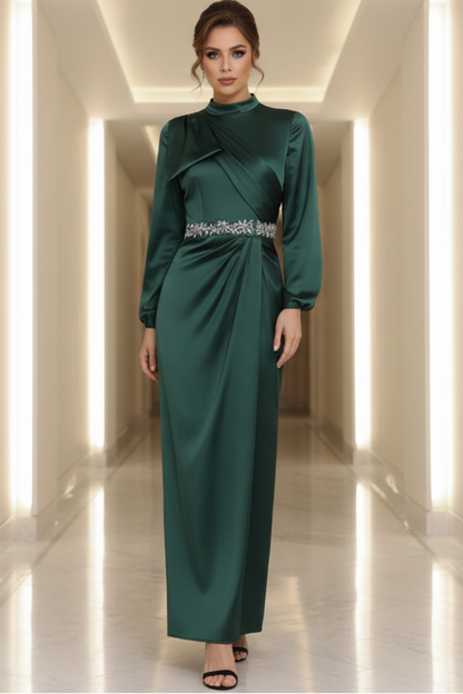 Sheath/Column High Neck Silk Satin Mother of the Bride Dresses Ankle-Length Belt Long Sleeves