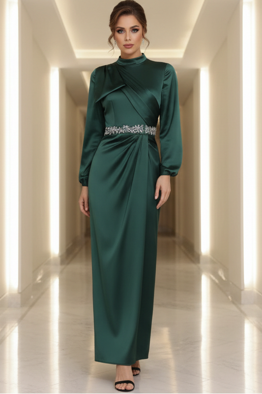 Sheath/Column High Neck Silk Satin Mother of the Bride Dresses Ankle-Length Belt Long Sleeves