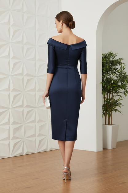 Sheath/Column V-Neck Satin Mother of the Bride Dresses 3/4 Sleeves Knee-Length Pleated