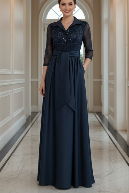 Sheath/Column V-Neck Satin Mother of the Bride Dresses 3/4 Sleeves With Pockets Floor-Length Lace Sequins