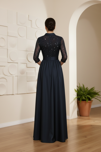 Sheath/Column V-Neck Satin Mother of the Bride Dresses 3/4 Sleeves With Pockets Floor-Length Lace Sequins
