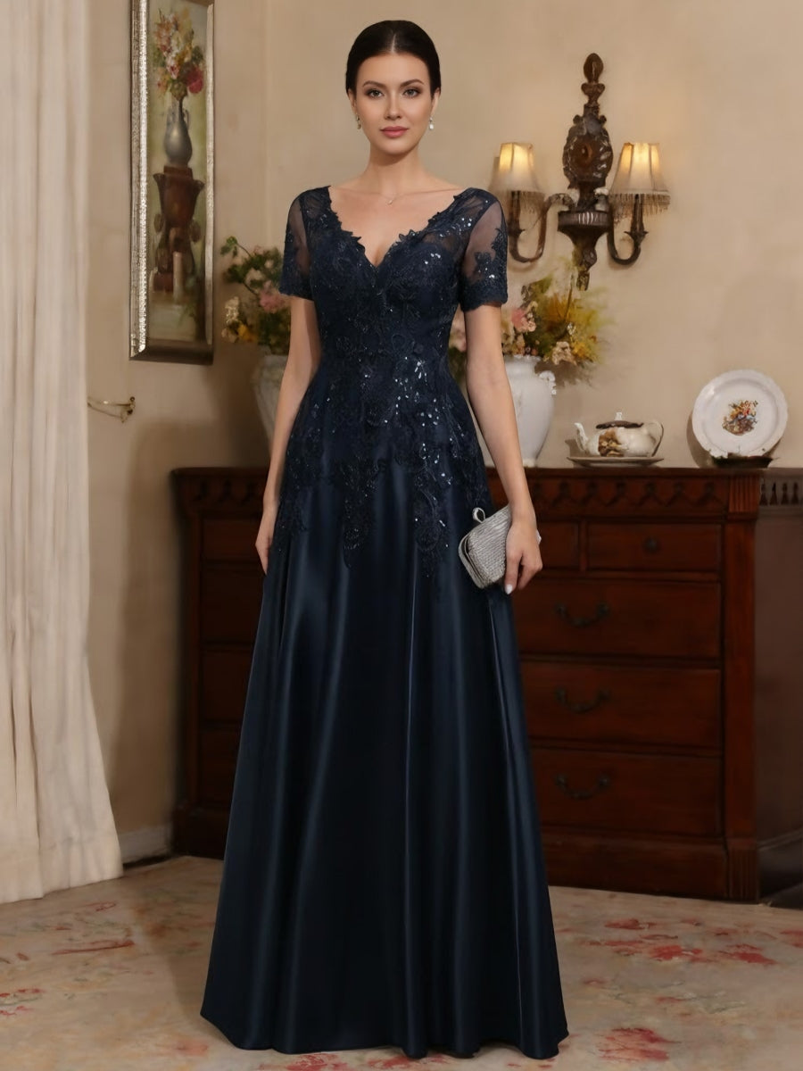A-Line/Princess V-Neck Satin Mother of the Bride Dresses Short Sleeves Liymc A-Line/Princess V-Neck Satin Mother of the Bride Dresses Short Sleeves Liymc