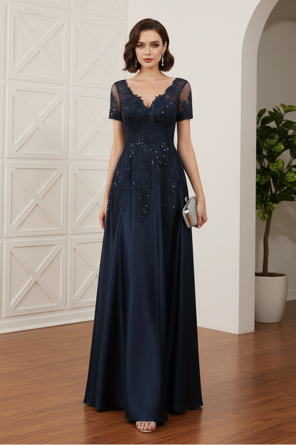 A-Line/Princess V-Neck Satin Mother of the Bride Dresses Short Sleeves Floor-Length Lace Sequins