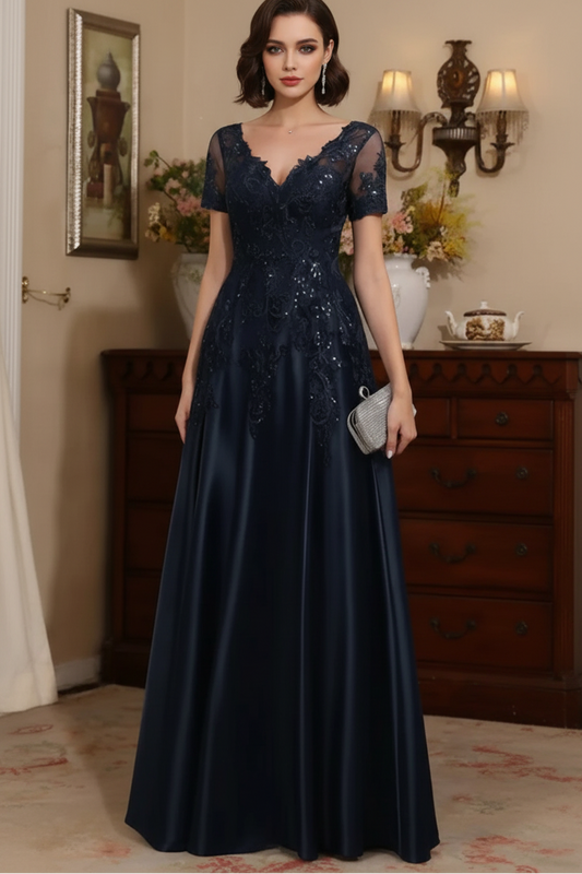 A-Line/Princess V-Neck Satin Mother of the Bride Dresses Short Sleeves Floor-Length Lace Sequins