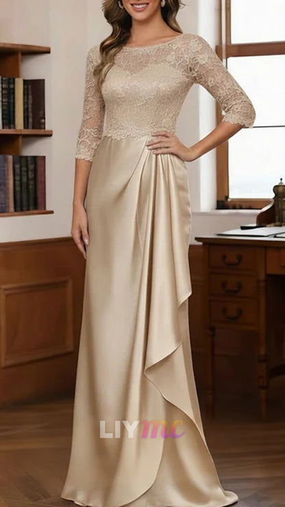 Sheath/Column Scoop Satin Mother of the Bride Dresses 3/4 Sleeves Floor-Length Lace Ruffles