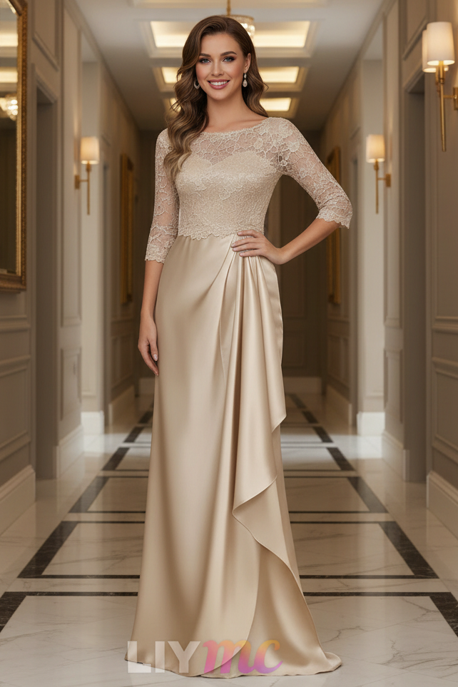 Sheath/Column Scoop Satin Mother of the Bride Dresses 3/4 Sleeves Floor-Length Lace Ruffles