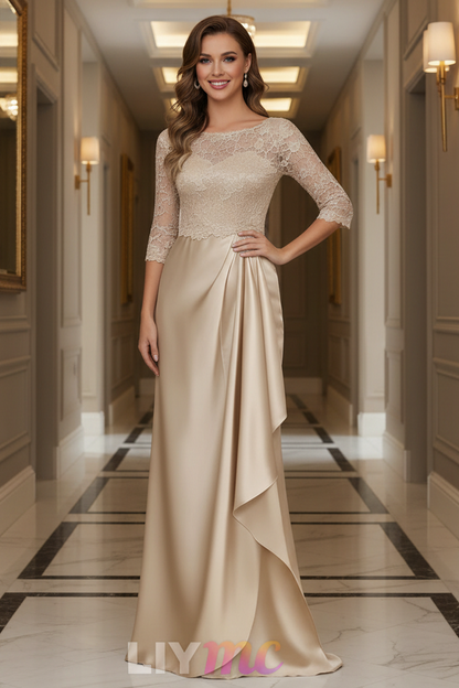Sheath/Column Scoop Satin Mother of the Bride Dresses 3/4 Sleeves Floor-Length Lace Ruffles