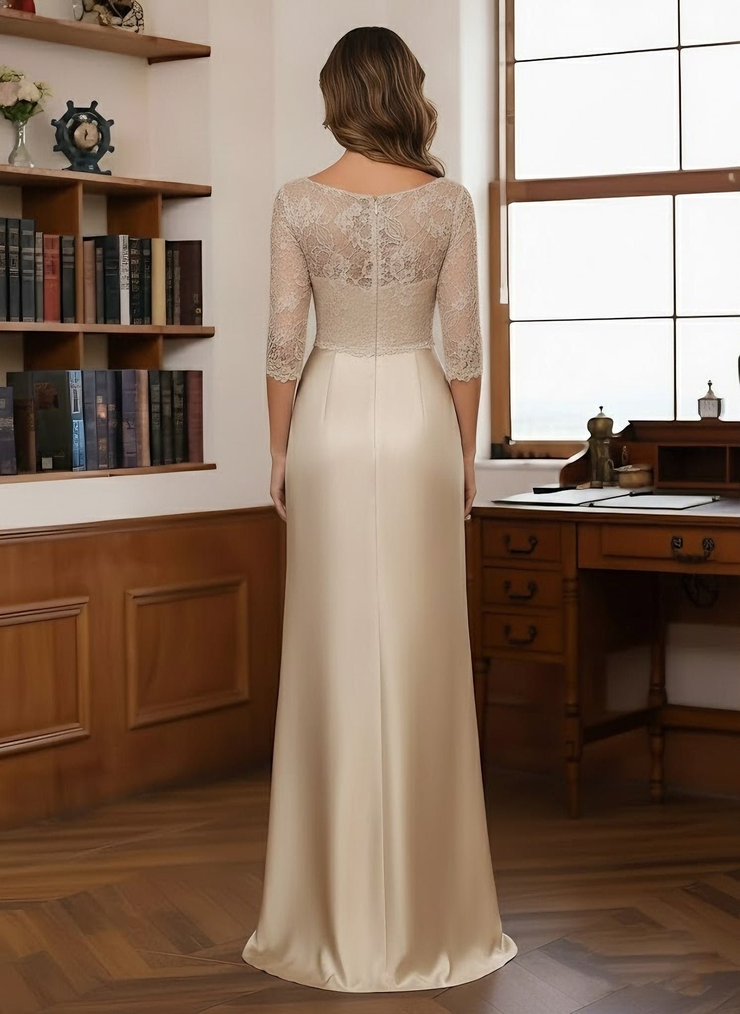 Sheath/Column Scoop Satin Mother of the Bride Dresses 3/4 Sleeves Floor-Length Lace Ruffles