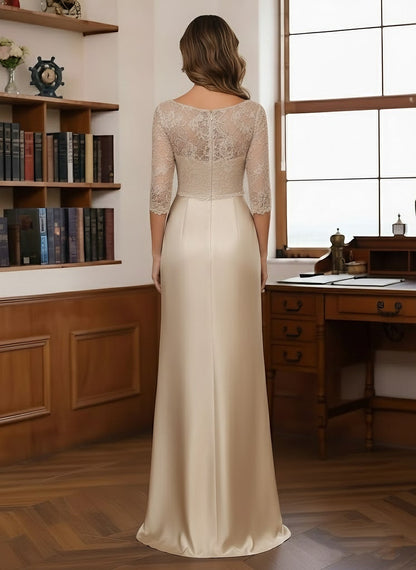 Sheath/Column Scoop Satin Mother of the Bride Dresses 3/4 Sleeves Floor-Length Lace Ruffles