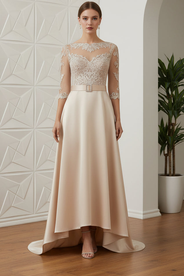 A-Line/Princess Scoop Satin Mother of the Bride Dresses 3/4 Sleeves Asymmetrical Floor-Length Illusion Lace Belt