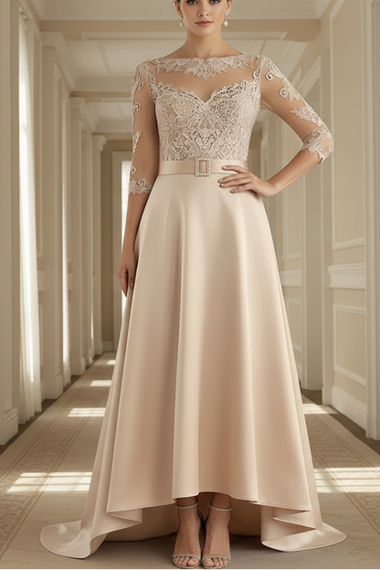 A-Line/Princess Scoop Satin Mother of the Bride Dresses 3/4 Sleeves Asymmetrical Floor-Length Illusion Lace Belt