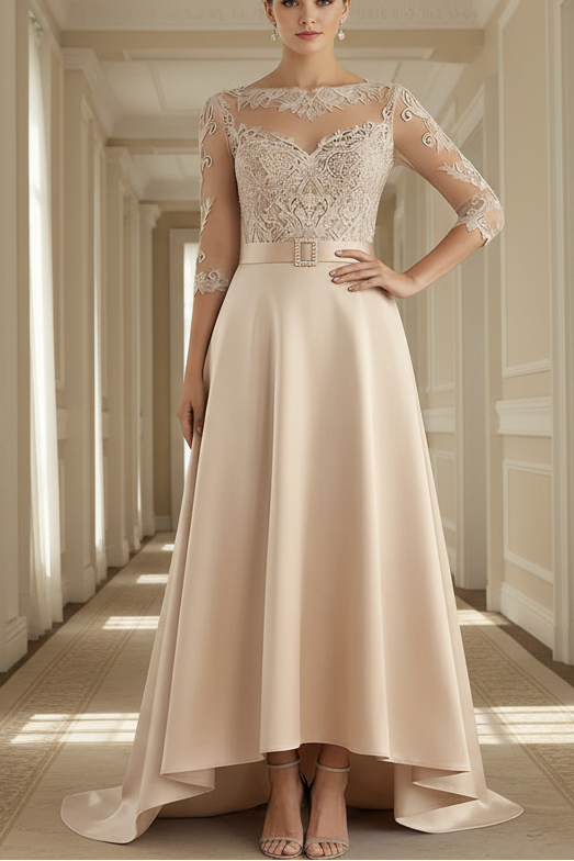 A-Line/Princess Scoop Satin Mother of the Bride Dresses 3/4 Sleeves Asymmetrical Floor-Length Illusion Lace Belt